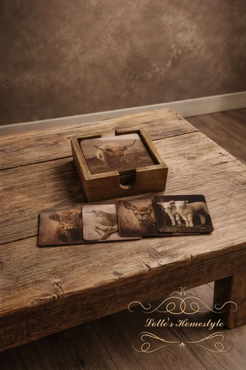 Houten Onderzetters met Houder – Set van 5 – Landelijke Stijl