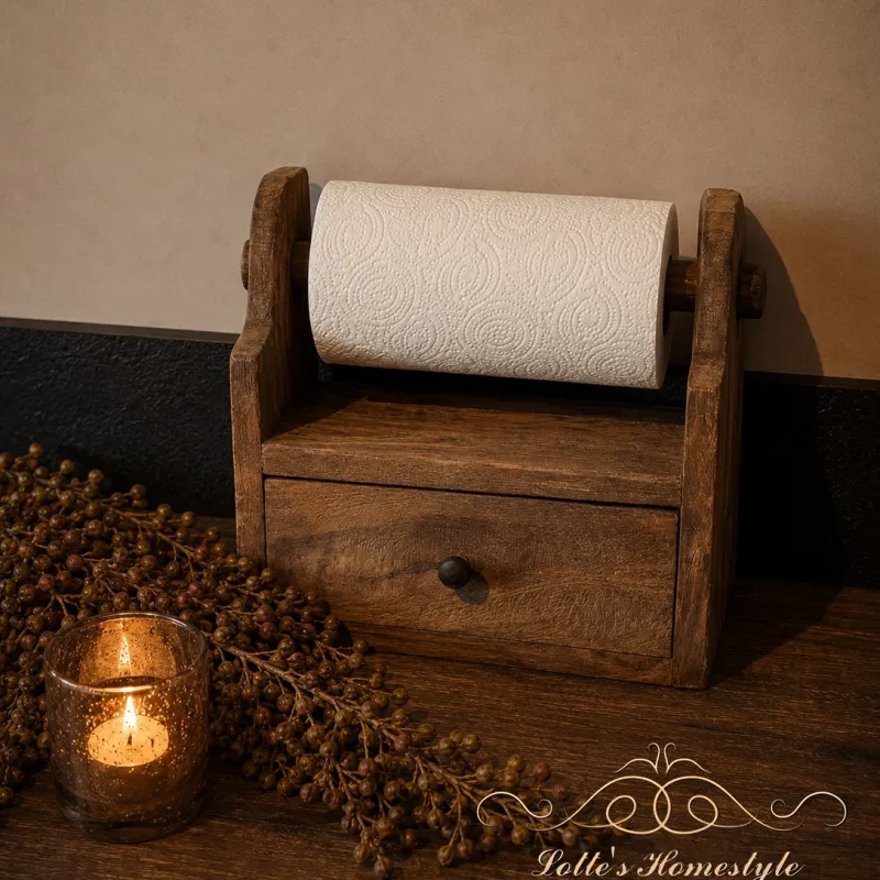 Landelijke houten keukenrolhouder met lade
