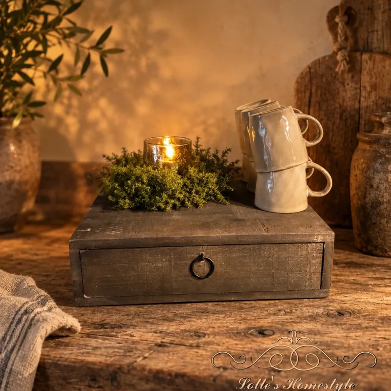 Houten opbergplateau met 1 lade / koffielade zwart-vergrijsd – 35 × 35 × 10 cm
