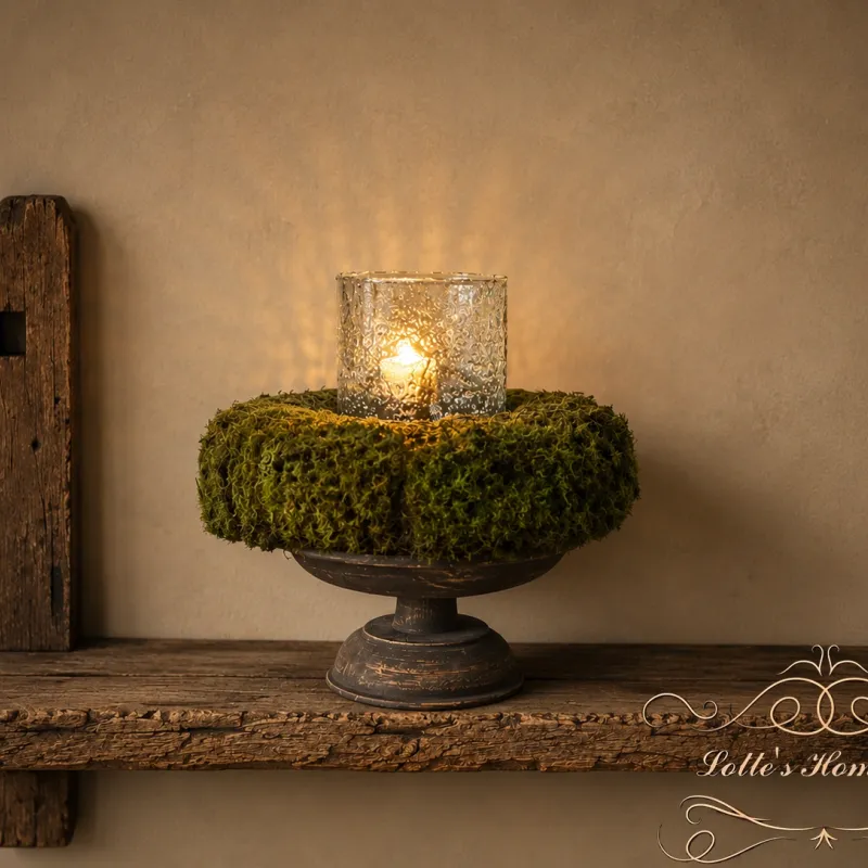 Landelijk decoratiesetje met kunst moskrans, windlicht & houten plateau