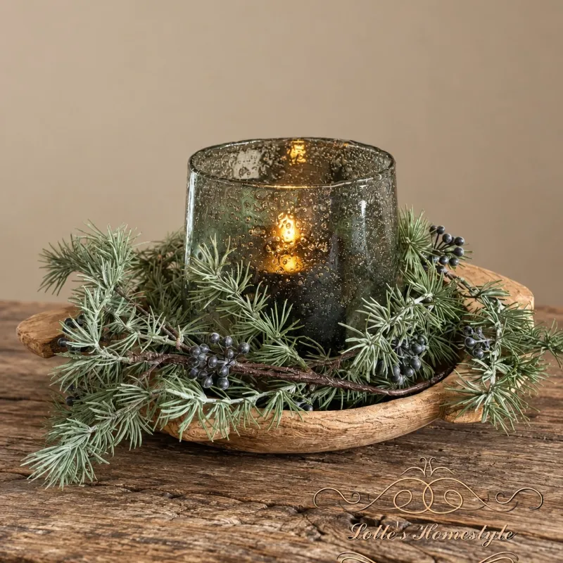 Complete decoratieset in houten Chapati schaal met bubbelglas windlicht
