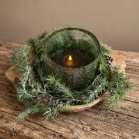 Complete decoratieset in houten Chapati schaal met bubbelglas windlicht
