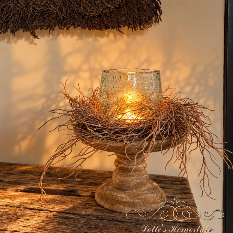 Complete decoratieset met houten plateau, windlicht en sisal tak
