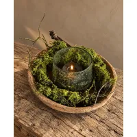 Complete decoratieset met oude houten schaal, bubbelglas windlicht en mos tak Korte omschrijving