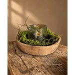Complete decoratieset met oude houten schaal, bubbelglas windlicht en mos tak Korte omschrijving