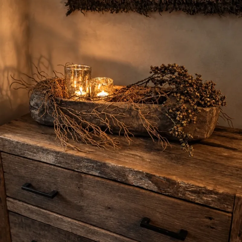 Complete decoratieset in houten trog met herfsttak