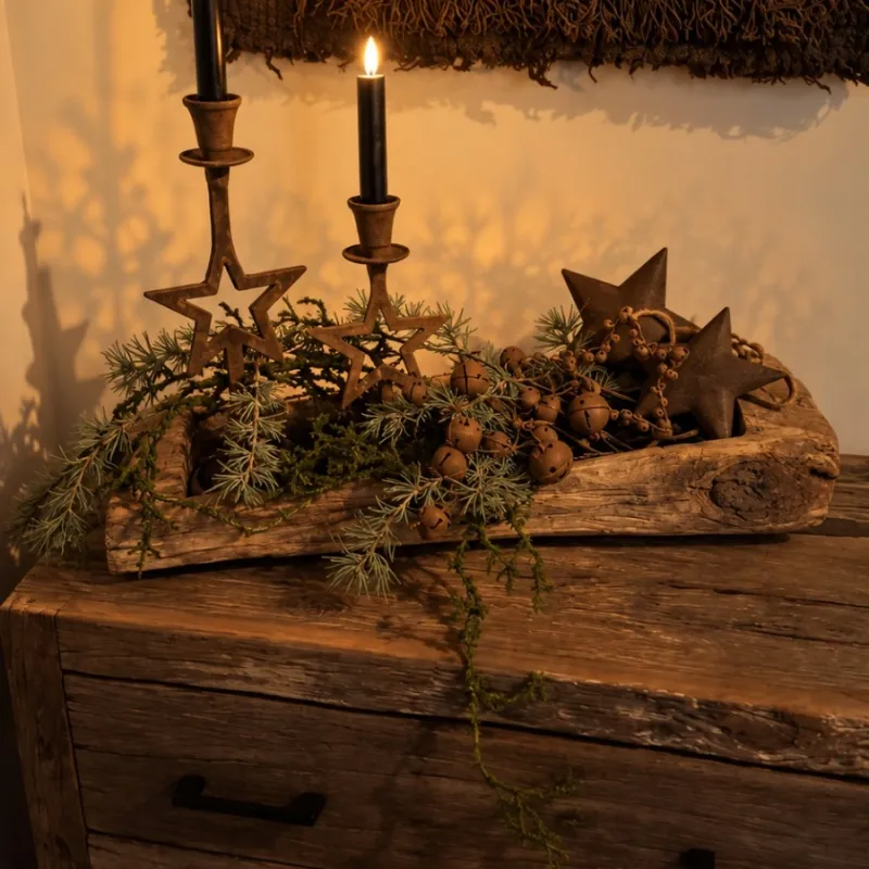 Complete kerstdecoratie set in houten trog 2 – 60 × 22 cm