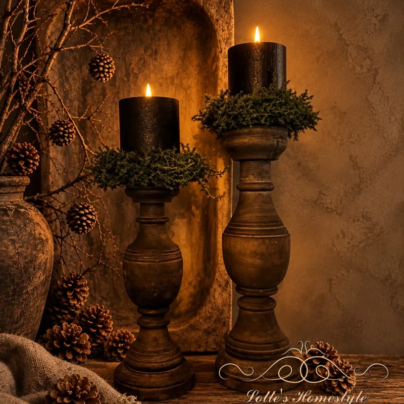 Complete set van 2 houten kandelaren met asparaguskransen en stompkaarsen