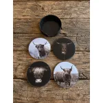 Glazen onderzetters Hooglander met houder – set van 4