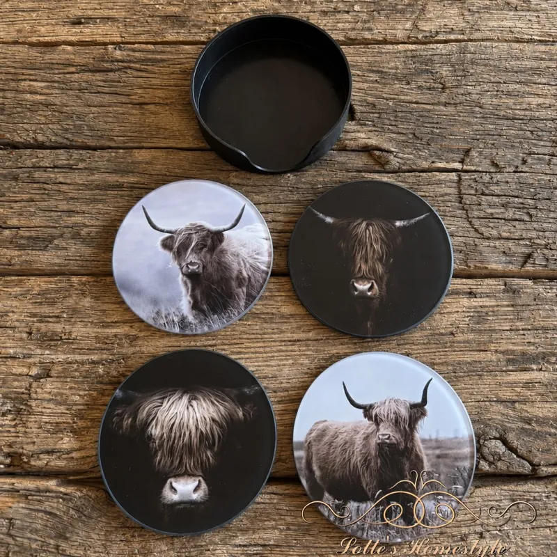 Glazen onderzetters Hooglander met houder – set van 4