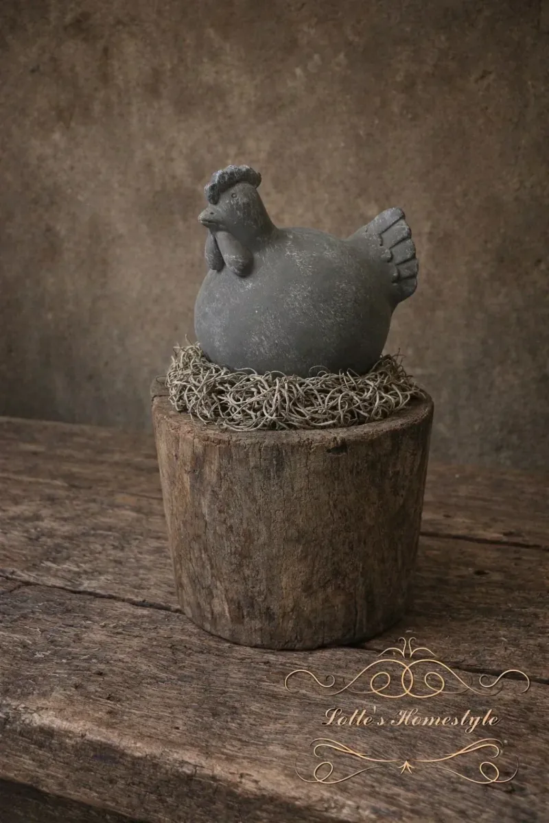 Houten Vijzel met Stenen Kip – Landelijke Decoratie