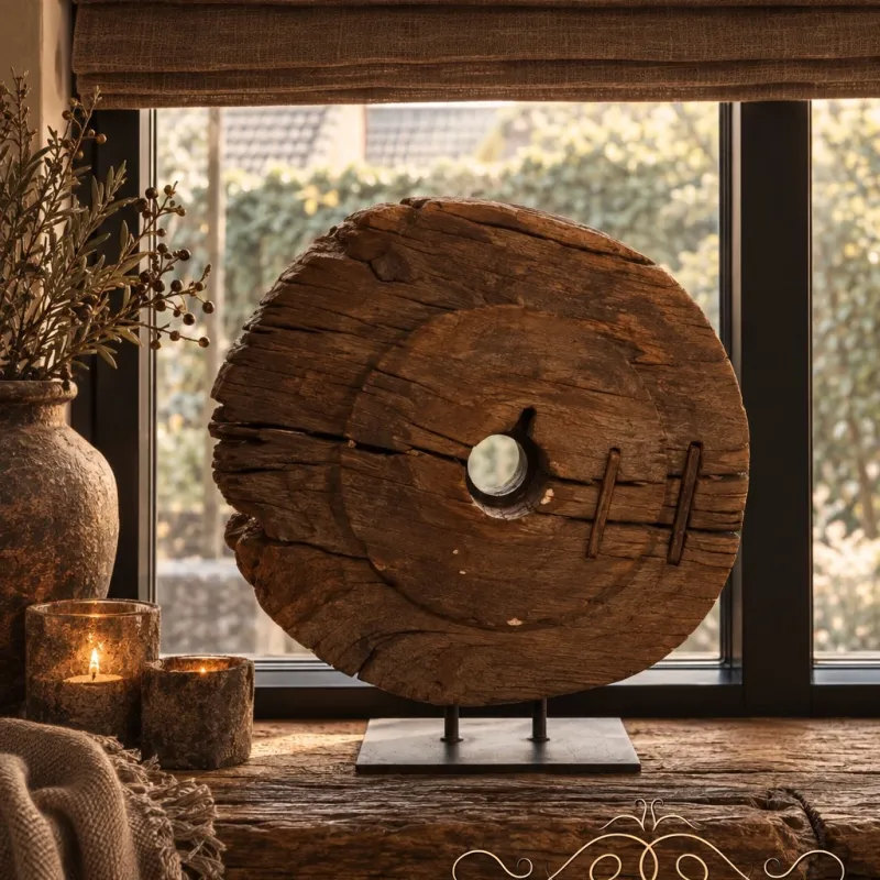 Oud houten wiel op standaard 1